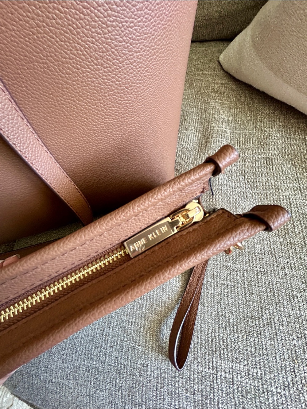 Anne Klein Brown Tote Bag with Striped Wristlet - Picture 3 of 7